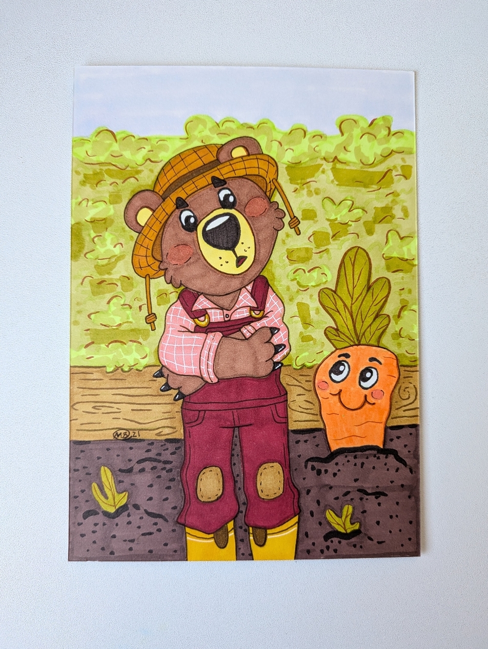 Original Cute Farmer Bear and Garden Carrot 5×7 Cottagecore Marker Illustration